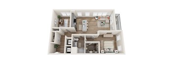 A top-down view of a small apartment with a kitchen, living room, and bedroom.