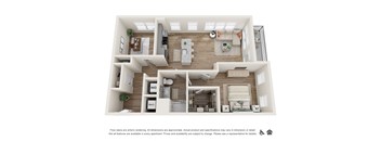 A floor plan of an apartment with a kitchen, living room, and bedrooms.
