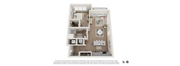 A floor plan of a small apartment with a kitchen, living room, and bathroom.