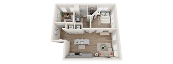 A top-down view of a modern apartment layout with labeled sections for the kitchen, living room, and bedrooms.