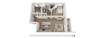 A 3D floor plan of a two-bedroom apartment with a living room, kitchen, and bathroom.