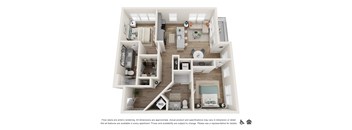 A floor plan of an apartment with a kitchen, living room, and bedrooms.