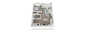 A 3D floor plan of a small apartment with a kitchen, living room, and bedroom.