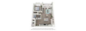 A 3D floor plan of a small apartment with a kitchen, living room, and two bedrooms.