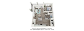 A 3D floor plan of a small apartment with a kitchen, living room, and bedroom.