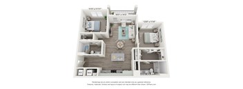 A 3D floor plan of a small apartment with a living room, kitchen, and two bedrooms.