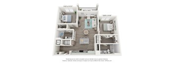 A 3D floor plan of a small apartment with a kitchen, living room, and two bedrooms.