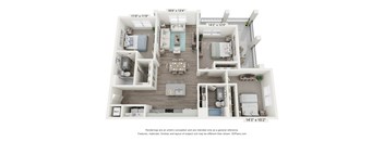 A 3D floor plan of a house with a kitchen, living room, and bathrooms.