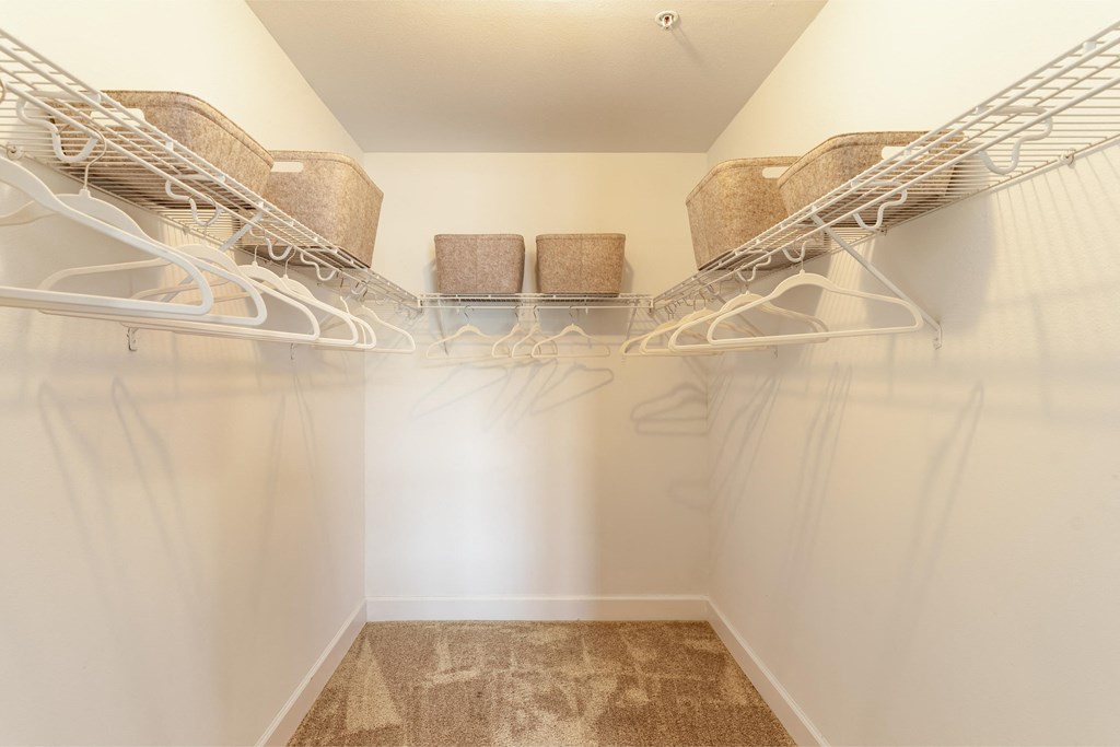 the walk in closet has plenty of shelves and hangers for clothes