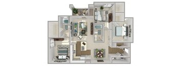A 3D floor plan of a house with a kitchen, living room, and bathroom.