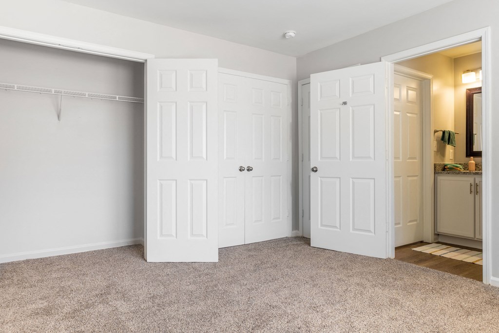 an empty bedroom with two closets and a carpeted floor