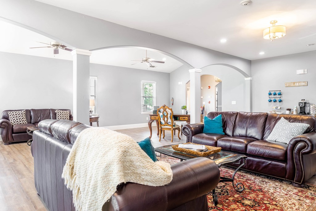 a living room with leather furniture and a rug