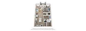 A floor plan of a two-bedroom apartment with a living room, kitchen, and bathroom.