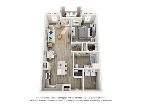 A floor plan of a two-bedroom apartment with a living room, kitchen, and bathroom.