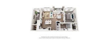 A 3D floor plan of a house with labeled rooms.