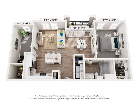 A 3D floor plan of a house with labeled rooms.