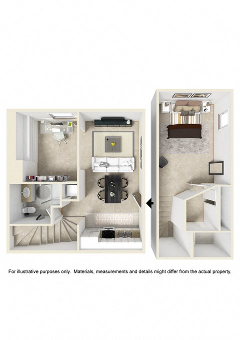 a floor plan of a studio apartment with two bedrooms and a bathroom