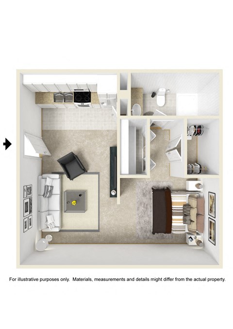 a floor plan of a one bedroom apartment with a bathroom and kitchen