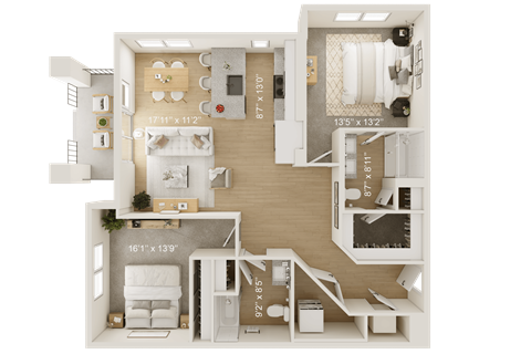 A 3D floor plan of a house with dimensions and room layout.