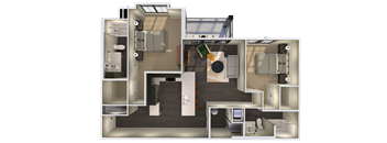 a 3d floor plan of a apartment with a bedroom and a living room
