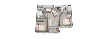 A top-down view of a small apartment layout with a kitchen, living room, and bedroom.