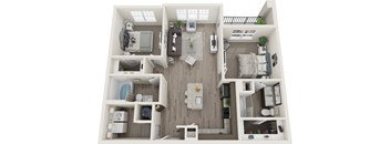 A top-down view of a small, neatly organized apartment with a kitchen, living room, and bedroom.