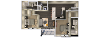 a 3d floor plan of a bedroom with a bathroom and a living room