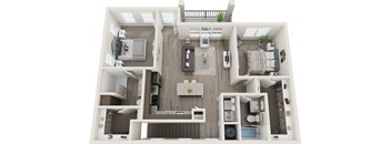 A 3D floor plan of a small apartment with a living room, kitchen, and bedroom.