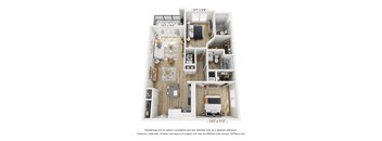 A 3D floor plan of a small apartment with a kitchen, living room, and bedroom.