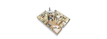 A 3D floor plan of a house with a kitchen, living room, bedrooms and bathrooms.