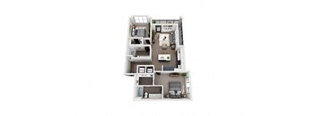 A white floor plan of a house with a kitchen, living room, and two bedrooms.