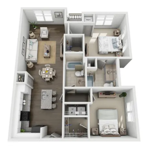 a 3d rendering of our 1 bedroom apartments at the crossings at white marsh apartments in white