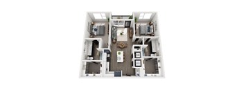 A top-down view of a house layout with a central living area and surrounding rooms.