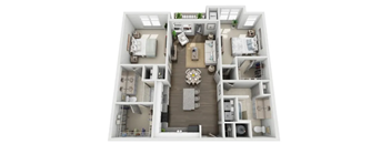 a bedroom with a bed and a dresser and a mirror in the middle of the room