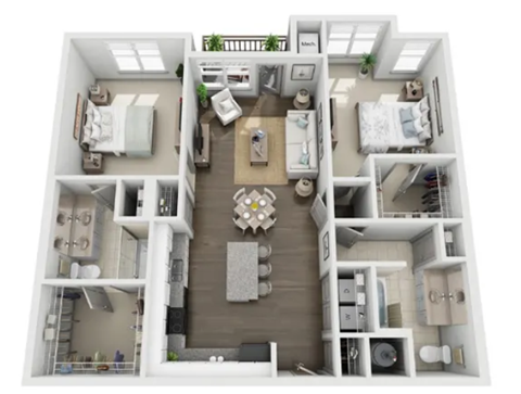 a bedroom with a bed and a dresser and a mirror in the middle of the room