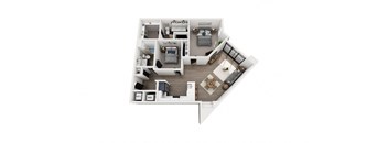 A top-down view of a house layout with a living room, kitchen, dining area, and bedrooms.