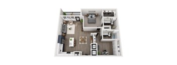 A top-down view of a small apartment with a kitchen, living room, and bedroom.