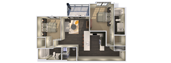 a 3d floor plan of a house with a bedroom and a living room