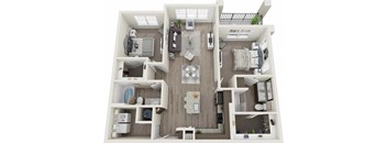 A top-down view of a modern apartment layout with a kitchen, living room, and bedrooms.