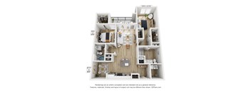 A floor plan of a two-bedroom apartment with a living room, kitchen, and bathroom.