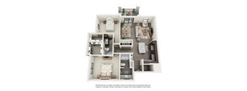 A floor plan of a small apartment with a kitchen, living room, and two bedrooms.