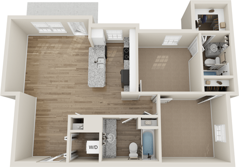 a 3d rendering of a floor plan with a wood floor