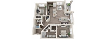 A 3D floor plan of a house with multiple rooms and furniture.