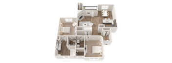 A 3D floor plan of a house with multiple rooms and furniture.