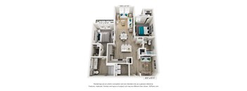 A 3D floor plan of a house with a living room, kitchen, and two bedrooms.