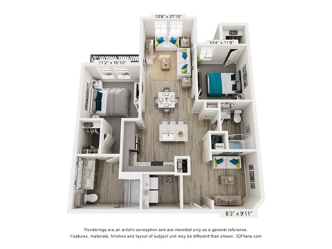 A 3D floor plan of a house with a living room, kitchen, and two bedrooms.