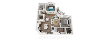 A 3D floor plan of a house with a kitchen, living room, and two bedrooms.