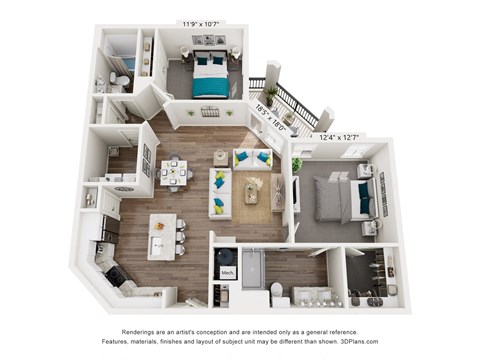 A 3D floor plan of a house with a kitchen, living room, and two bedrooms.