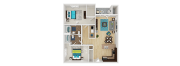 a bedroom floor plan with a living room and a kitchen