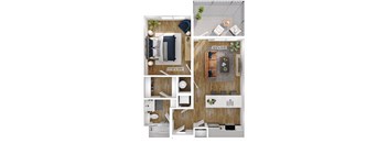 A floor plan of a small apartment with a living room, kitchen, and bathroom.